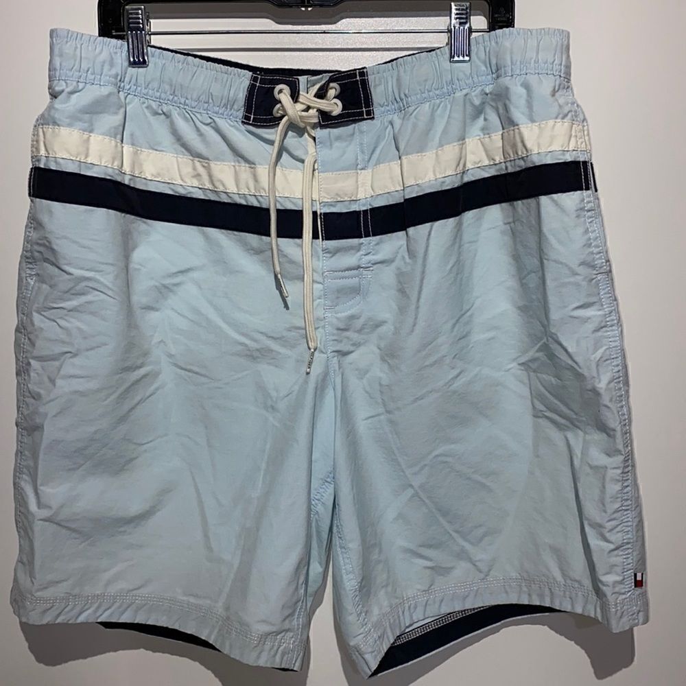 Tommy Hilfiger Mens Light Blue Striped Swim Trunks Nautical Board Shorts